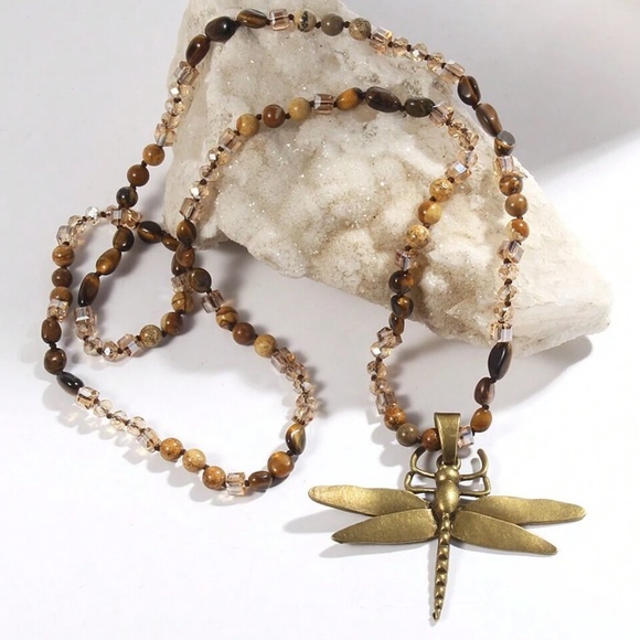 Boho Tigers Eye Crystal Natural Glass Dragonfly Necklace - Picture 2 of 5